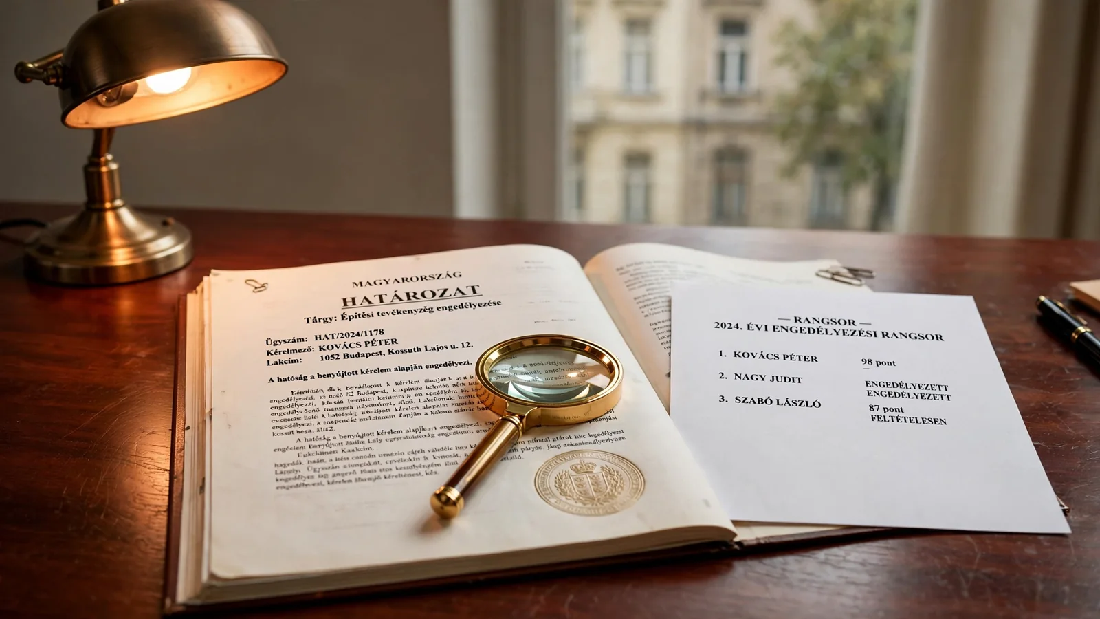 Mahagóni asztalon magyar hivatalos engedélydokumentum és nagyító