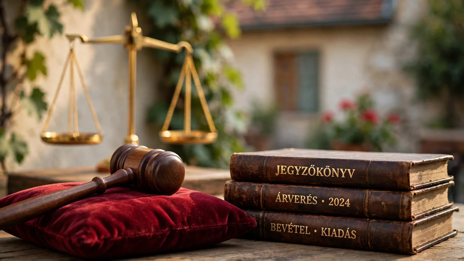 Bírói kalapács bársonypárnán és bőrkötéses nyilvántartások